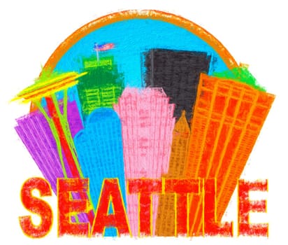 Seattle Washington Abstract Downtown City Skyline in Circle Isolated on White Background Impressionist Illustration