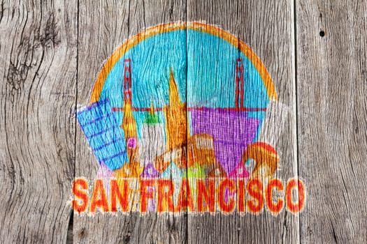 San Francisco Cailfornia Abstract Downtown City Skyline with Golden Gate Bridge and Cable Car Isolated on White Background Impressionist Wood Background Illustration