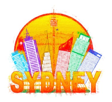 Sydney Australia Skyline Landmarks Harbour Bridge Color in Circle Isolated on White Background Impressionist Illustration