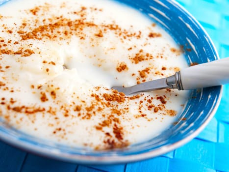 Yogurt with cinnamon served in a bowl for breakfast