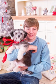 Boy holding a Puppy at Christmas Time. He is Looking at the Camera and Smiling and the Puppy has a Red Bow around its neck.
