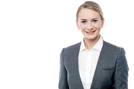 Young business woman posing to camera over white