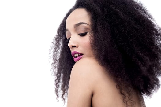 Image of a topless african woman over white