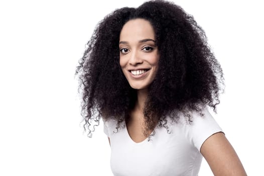 Beautiful african woman posing to camera over white