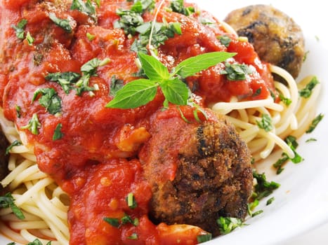 Spaghetti with meatballs, close up