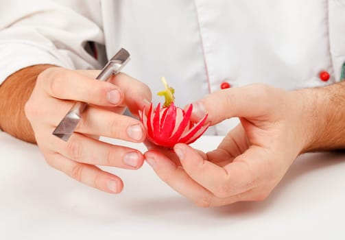 Food carving with radish made like flowers