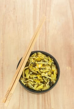 Fried pickle with egg on wooden background, Food summer season
