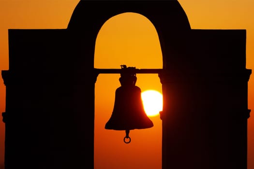 Famous church in Fira, Santorini at sunset