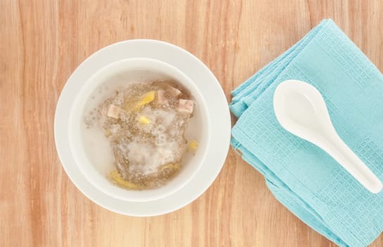 Dessert With Coconut Milk, Traditional Dessert For Health On Wooden Background