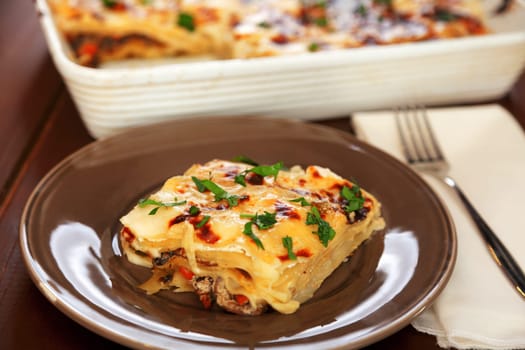 Typical italian lasagna served in a plate, one portion in front, baking dish blurred in the background