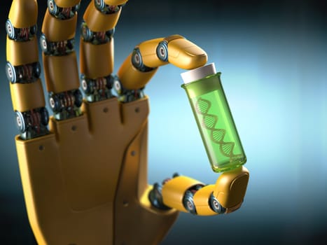 Robotic hand holding a test tube with a sample DNA inside. Concept of the technology.