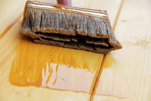 A brush with wood protection glaze for painting wood