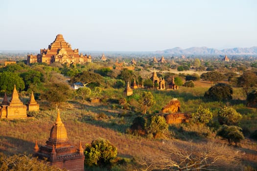 Ancient pagodas in Bagan, blue sky in background