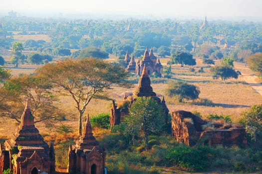 Ancient pagodas in Bagan, blue sky in background