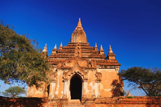 Front view of an ancient pagoda in Bagan
