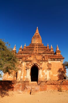 Front view of an ancient pagoda in Bagan