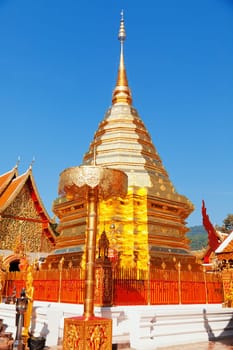 Wat Phrathat Doi Suthep is a Theravada Buddhist temple in Chiang Mai Province, Thailand. The temple is often referred to as Doi Suthep although this is actually the name of the mountain it is located on. The temple is located 15 km from the city of Chiang Mai and is a sacred site to many Thai people.
