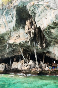 A cave in Koh Lao Liang Tai island in Andaman Sea near Phuket used for harvesting swallow's nests. The nests of Edible-nest Swiftlet swallow are used for making the famous Chinese Bird-Nest soup. Tha main component of the nest is the saliva of the bird which is rich in nutrients. A kilogram of nests costs between 2000 i 10000$.