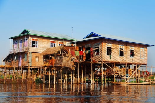 Ttraditional floating village houses in Inle Lake