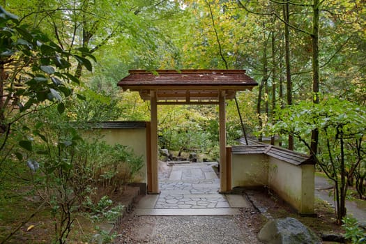 Entryway structure and roof wall at Portland Japanese Garden in Autumn