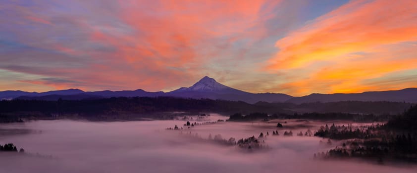 Pre Sunrise Over Mount Hood with Fog Over Sandy River from Jonsrud Viewpoint in Oregon Panorama