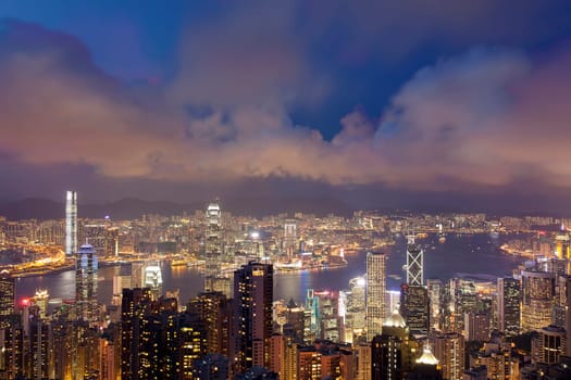 Hong Kong city and Victoria Harbour View from Victoria Peak at Blue Hour