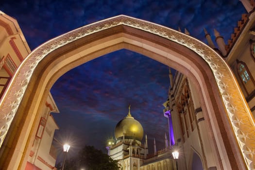 Masjid Sultan Mosque Gateway Entrance in Singapore at Blue Hour