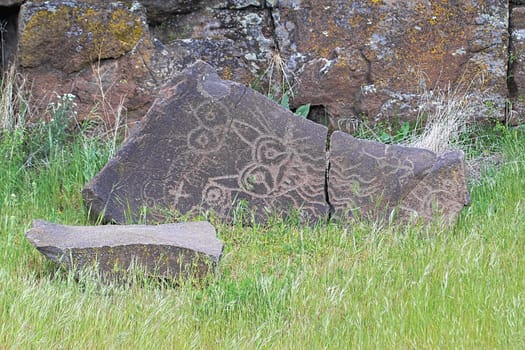 Native Anerican Indians Mythical Animals Petrogylph on Rock Artwork at Horsethief Lake Washington