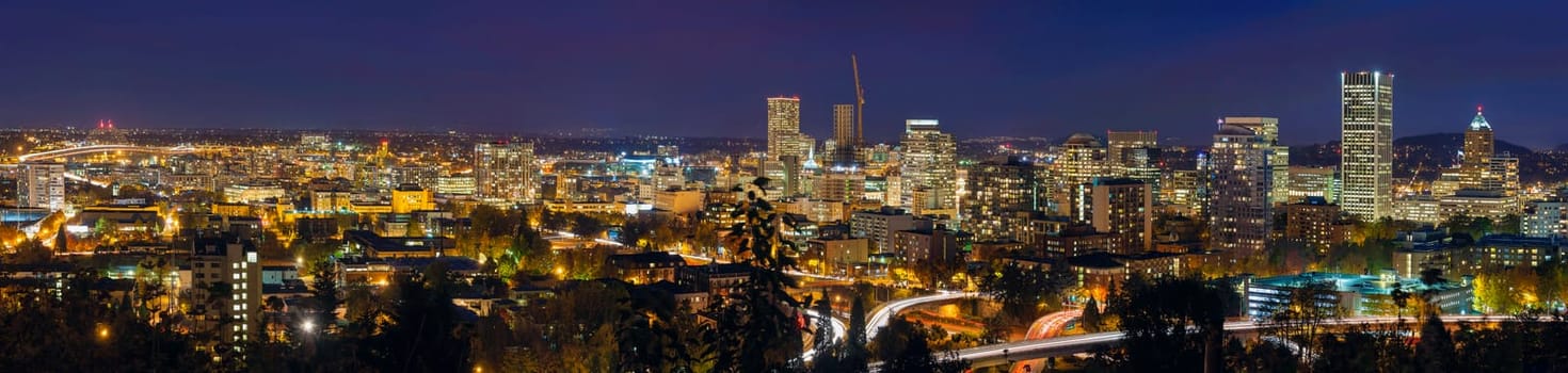 Portland Oregon Downtown Cityscape and Freeway at Evening Blue Hour Panorama