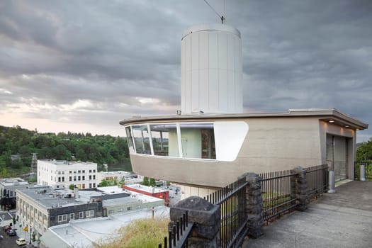 View of Oregon City Downtown Along Willamette River from Municipal Elevator Observation Deck at McLouglin Promenade