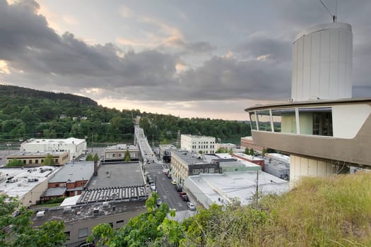 View of Oregon City Downtown from Municipal Elevator Observation Deck During Sunset