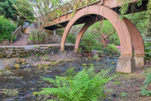 Wooden Foot Bridge Over Water Creek at Crystal Springs Garden in Springtime