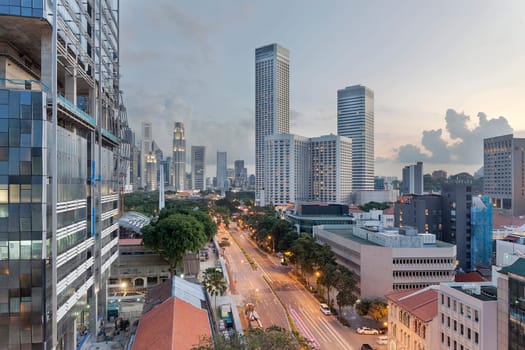 Singapore Central Business District City Skyline from Beach Road at Dusk