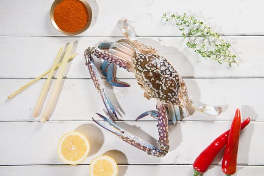 Top view raw blue crab and ingredients ready to cook, on bright wooden background.