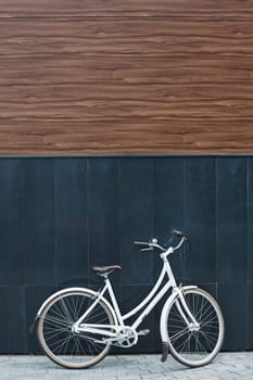 Bicycle by wall of modern building