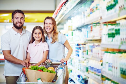 Cheerful family with shopping cart visiting supermarket