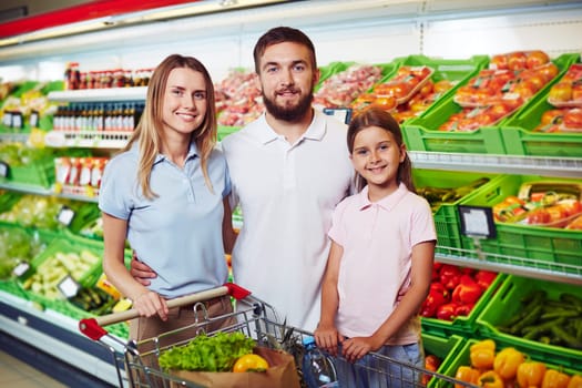 Modern family buying food in supermarket