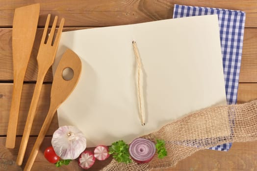 Franconian menu on cream-coloured retro paper,decoration with plaid pattern and vegetables on wooden boards