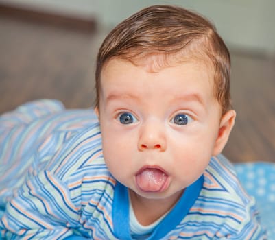 Portrait of a 2 months old baby boy at his home.
