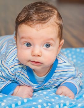 Portrait of a 2 months old baby boy at his home.