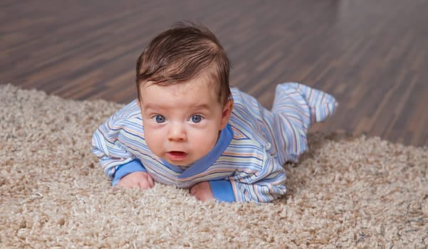 Portrait of a 2 months old baby boy at his home.