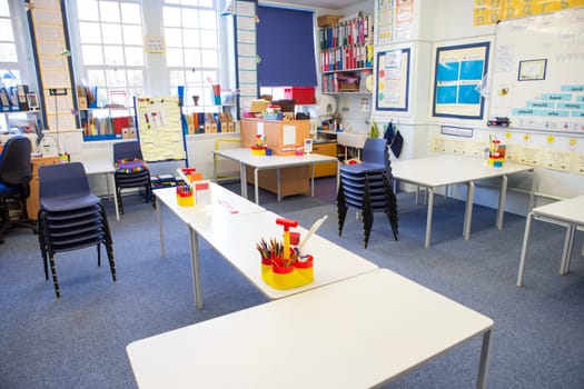 A horizontal image of an empty primary school classroom. The setting is typically British.
