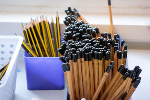Tub of Pencils in a Classroom