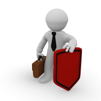 Business man with a red protective shield on a white background