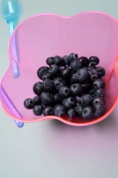 Fresh blueberries in a modern pink plastic bowl