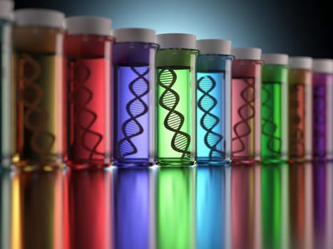 Colored test tubes with genetic codes inside. Concept of copy and genetic alteration.