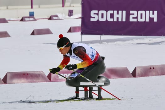 On the way to a second gold medal: Andrea Eskau in the five-kilometre seat ski race at the 2014 Paralympics in Sochi,Russia