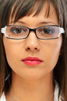 Young woman portrait - with glasses, isolated on white