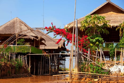 Deluxe hotel situated on the waters of InleLake with captivating view of the beautiful Inle Lake where water and mountains create spectacular scene, Myanmar