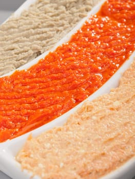 Three types of dips - mayonnaise, tomato dip and eggplant dip